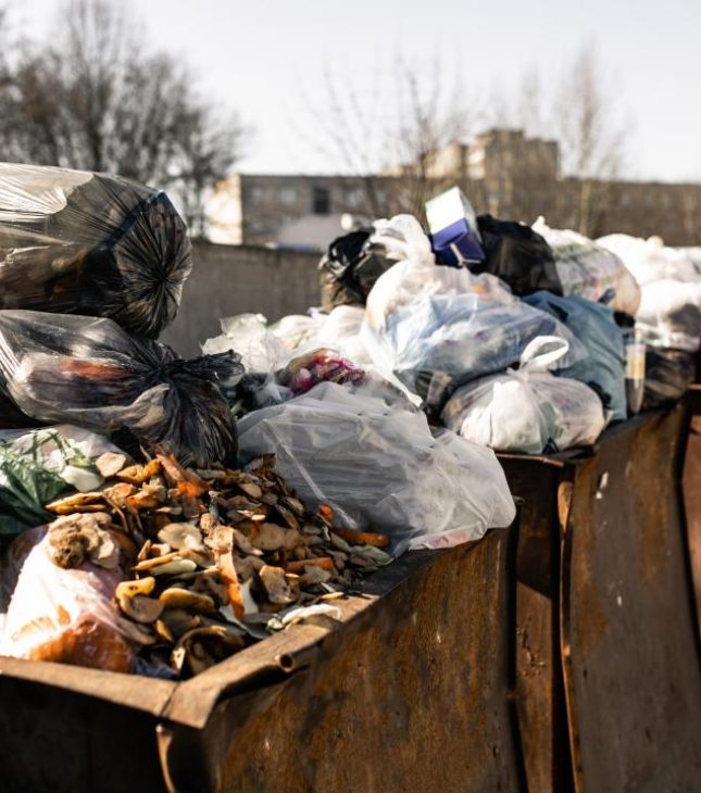 garbage bins are overfilled with packages with waste